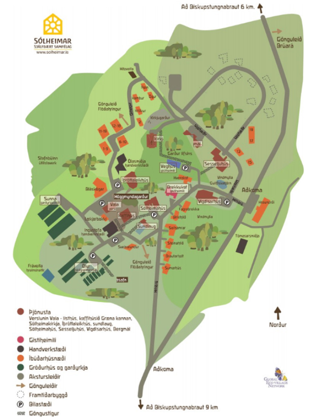 La mappa dell'ecovillaggio Solheimar in Islanda.